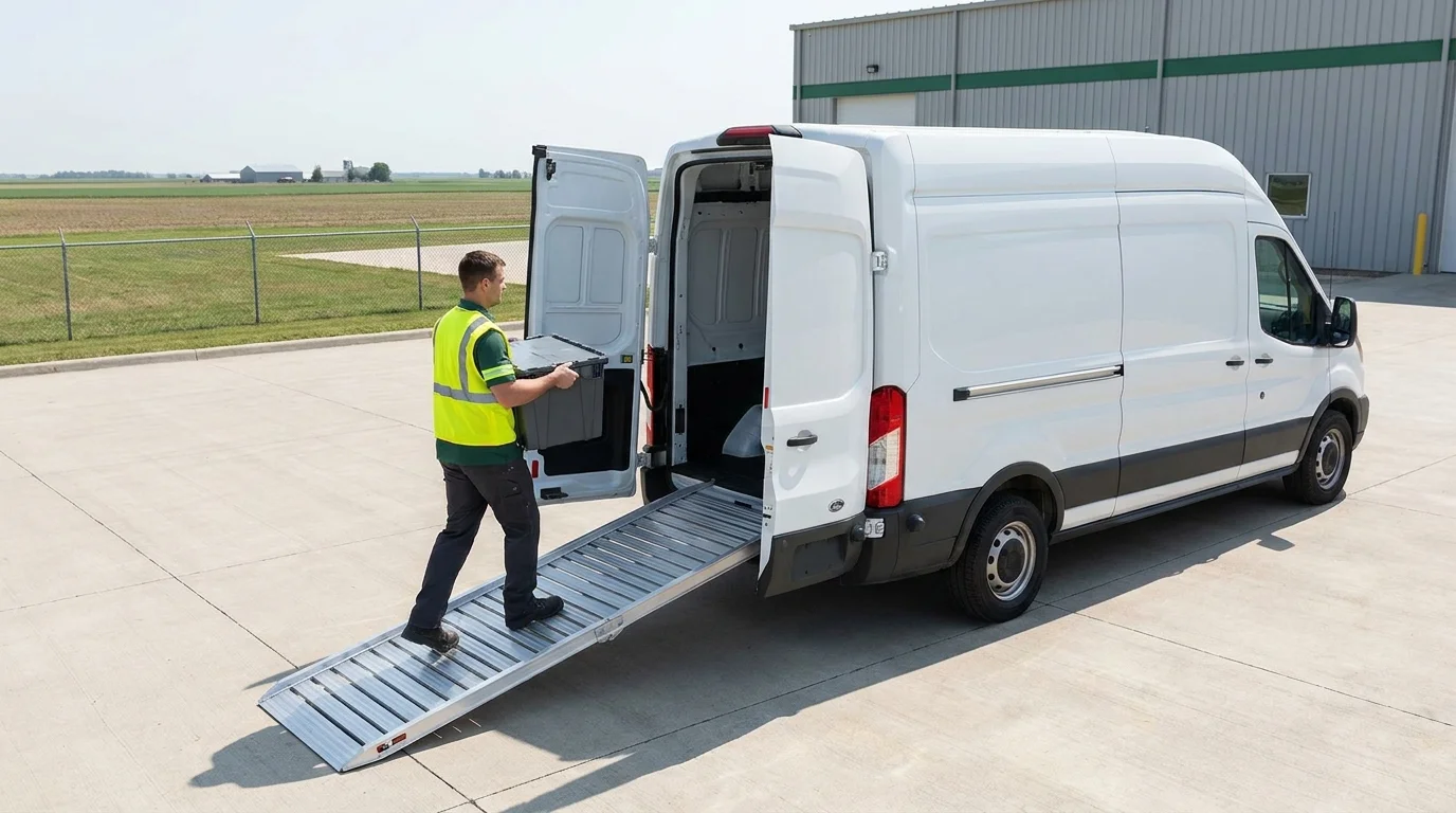 Technician carrying a tote bin up a ramp into a cargo van, with flat Central Valley farmland visible in the distance