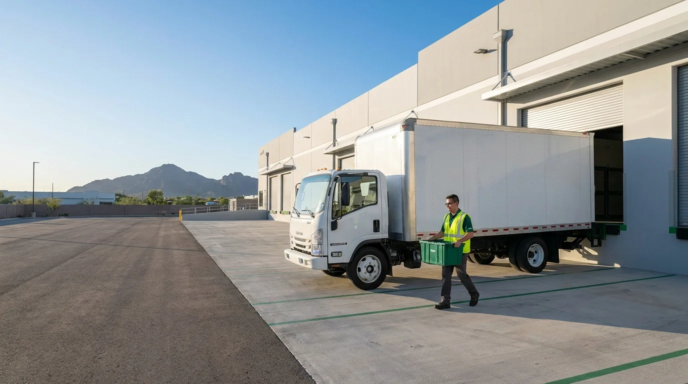 Technician carrying a tote bin toward a cargo vehicle at a Phoenix-area loading dock, with a desert mountain silhouette on the horizon