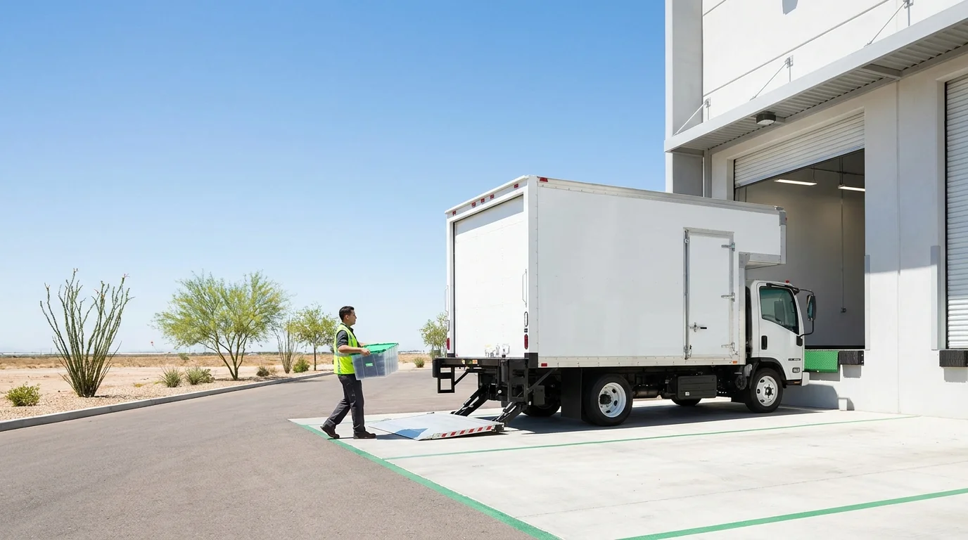 Technician carrying a tote bin toward a cargo vehicle at a Phoenix-area loading dock