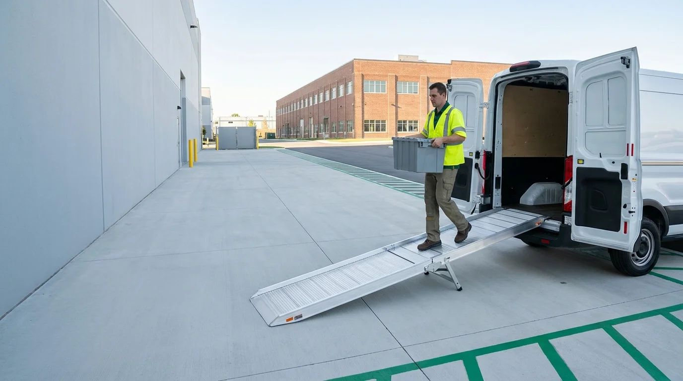 Technician carrying a tote bin up a ramp into a cargo van, with a dense urban brick warehouse building visible in the distance