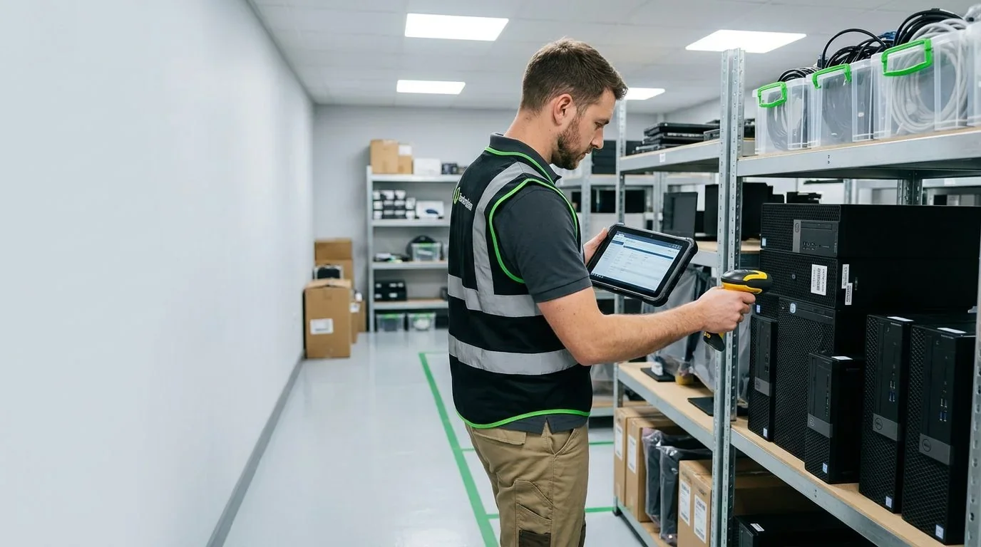 Technician scanning asset labels on stacked desktops during an inventory walkthrough