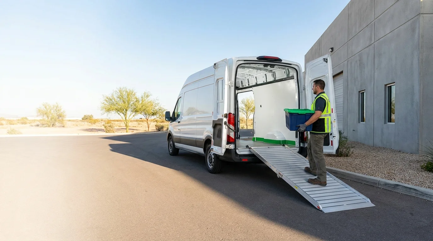 Technician carrying a tote bin toward a cargo vehicle at a Phoenix-area loading dock
