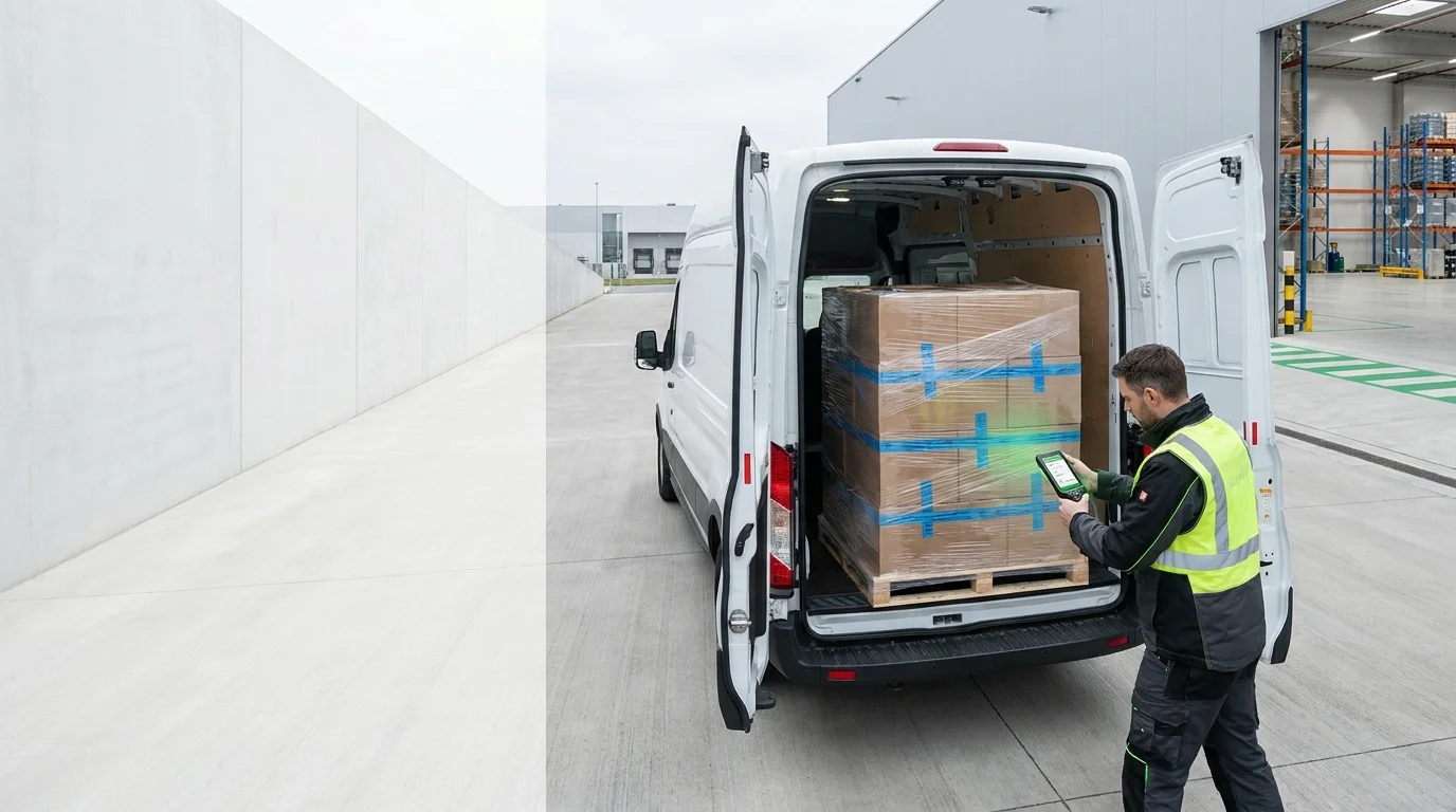 Technician scanning a palletized shipment at the open rear doors of a cargo van outside a loading dock