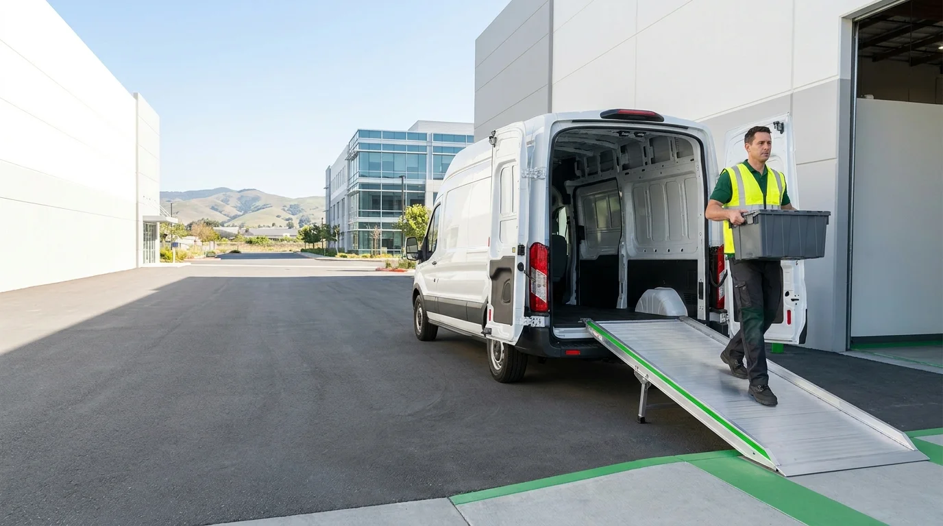 Technician carrying a tote bin up a ramp into a cargo van, with Bay Area hills and a tech campus building visible in the distance