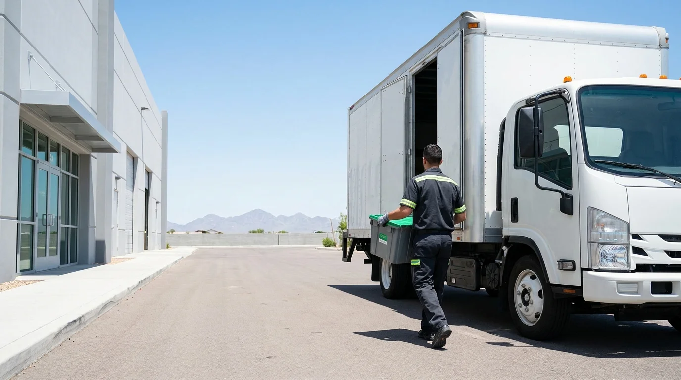 Technician carrying a tote bin toward a cargo vehicle at a Phoenix-area loading dock, with a desert mountain silhouette on the horizon