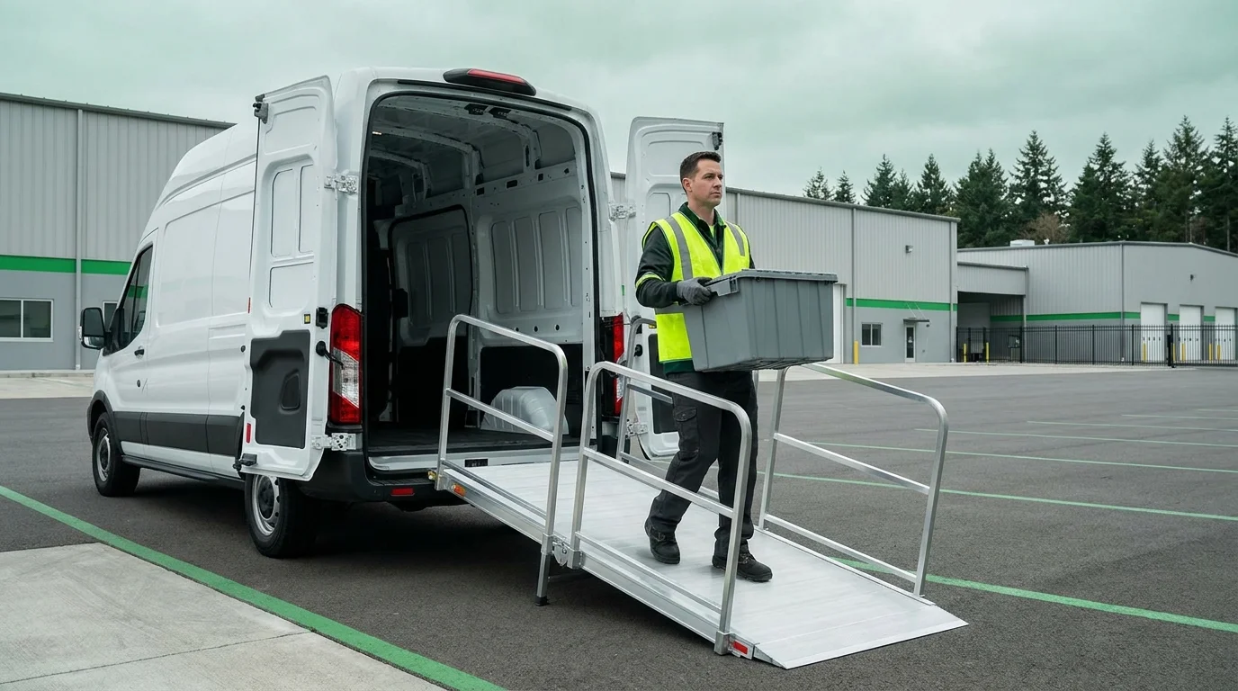 Technician carrying a tote bin up a ramp into a cargo van, with an evergreen tree line visible under overcast sky, evoking the Pacific Northwest