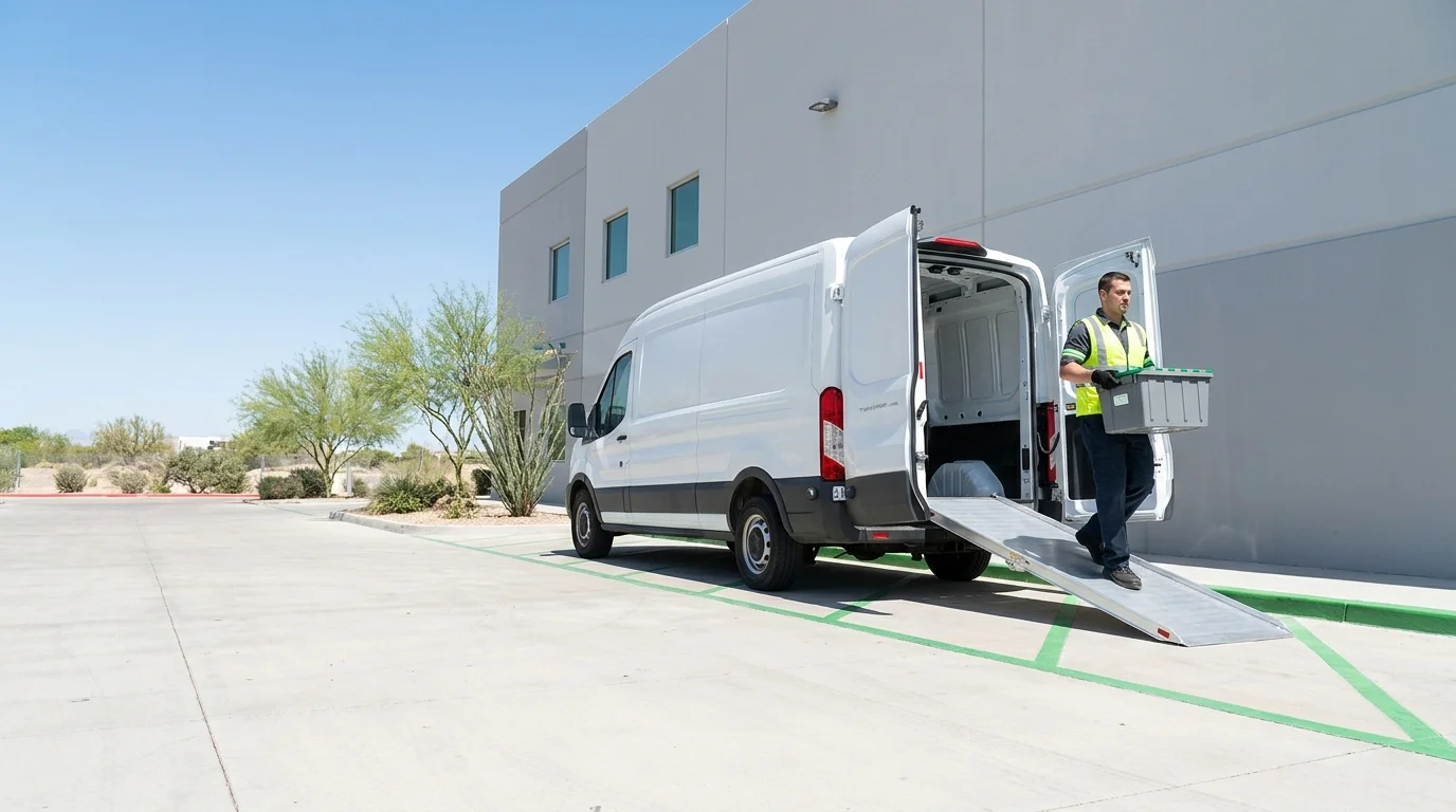Technician carrying a tote bin toward a cargo vehicle at a Phoenix-area loading dock