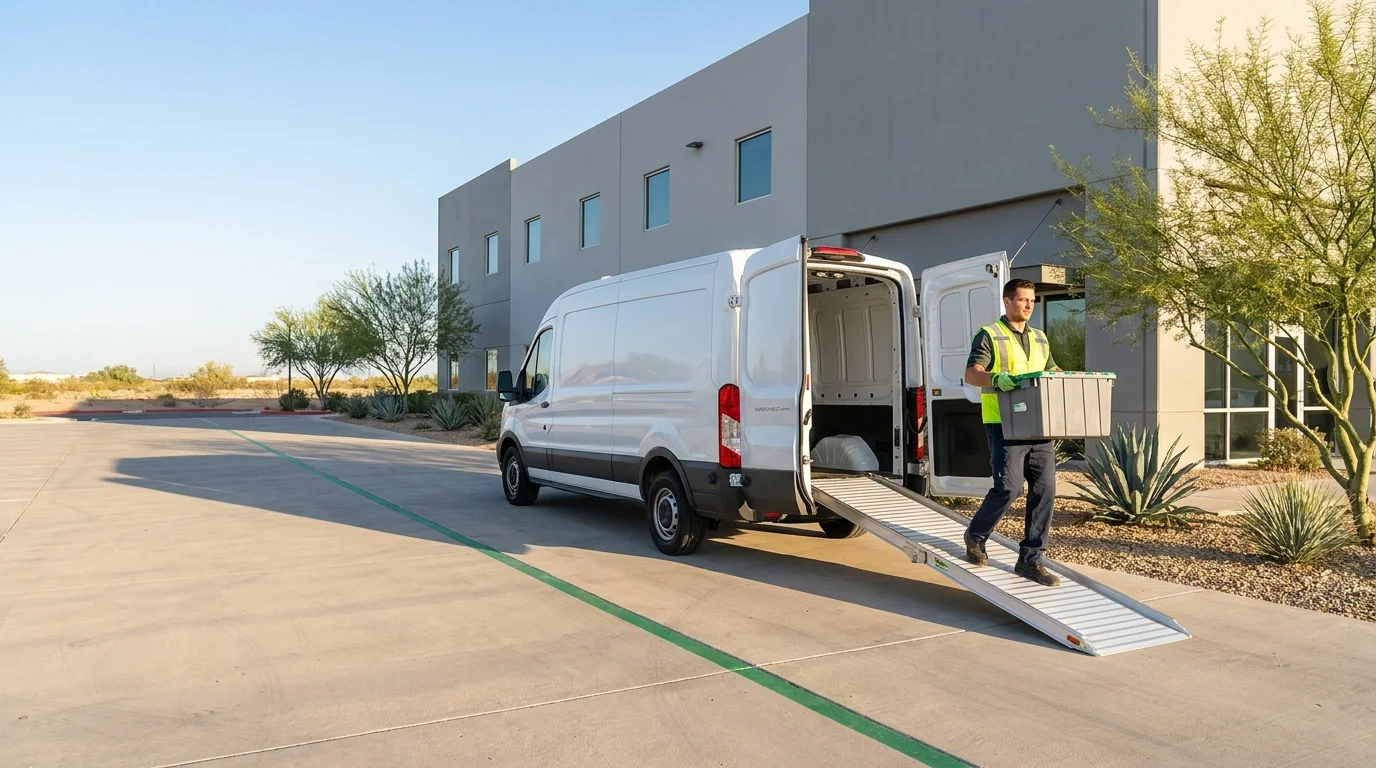 Technician carrying a tote bin toward a cargo vehicle at a Phoenix-area loading dock