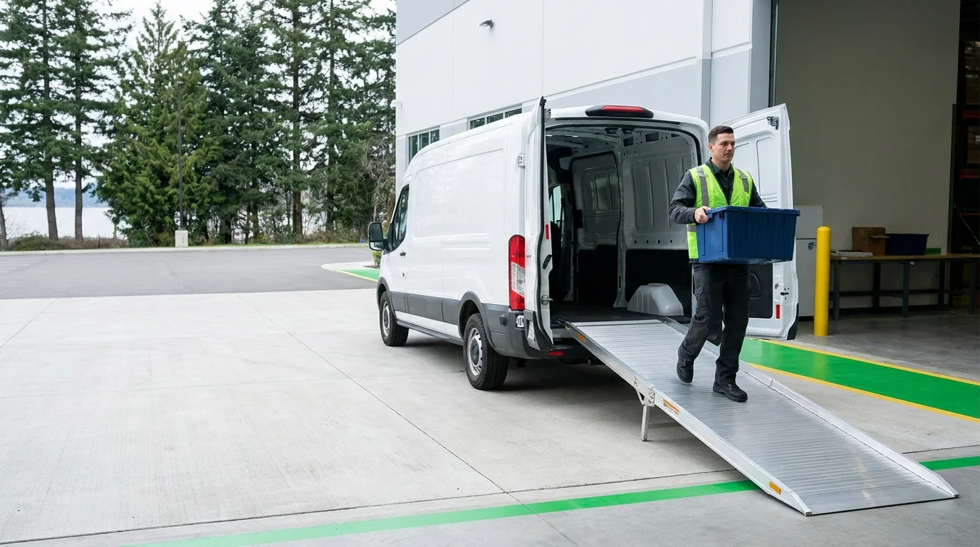 Technician carrying a tote bin up a ramp into a cargo van, with evergreen trees and calm water visible in the distance, evoking Puget Sound