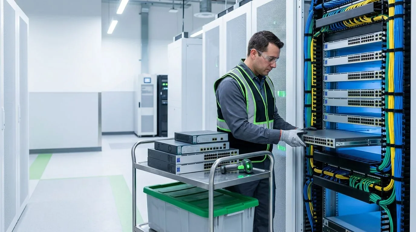 Technician removing a network switch from a telecommunications equipment rack