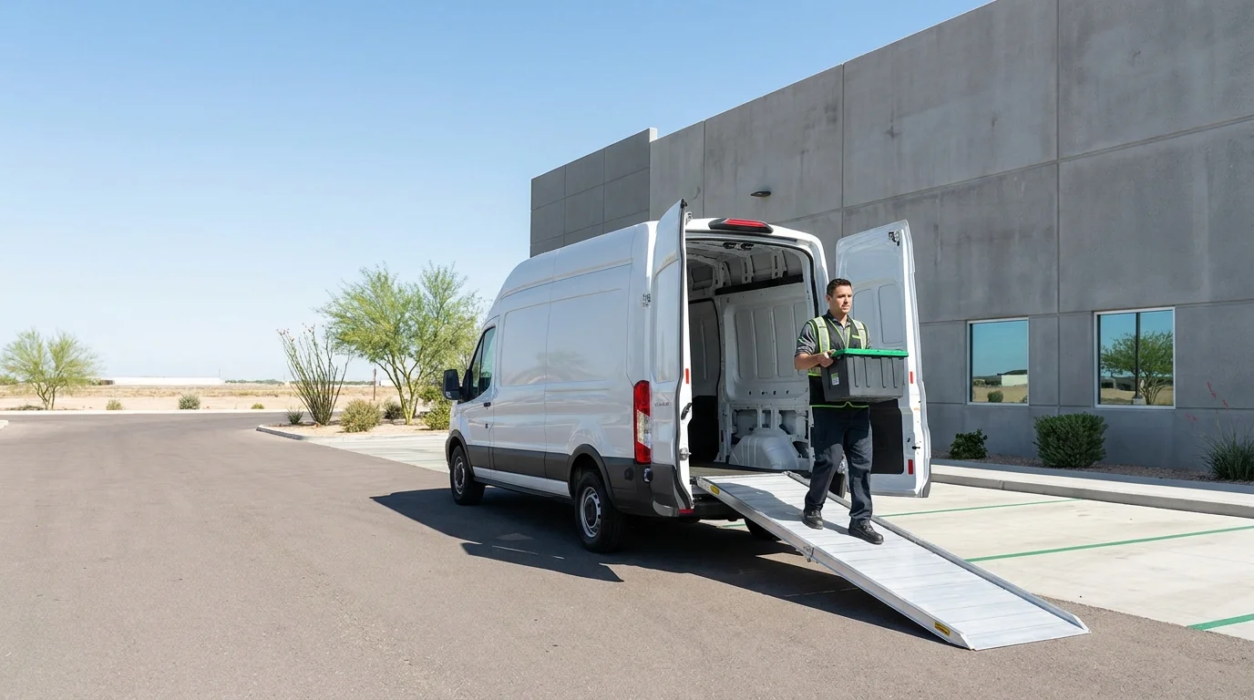 Technician carrying a tote bin toward a cargo vehicle at a Phoenix-area loading dock