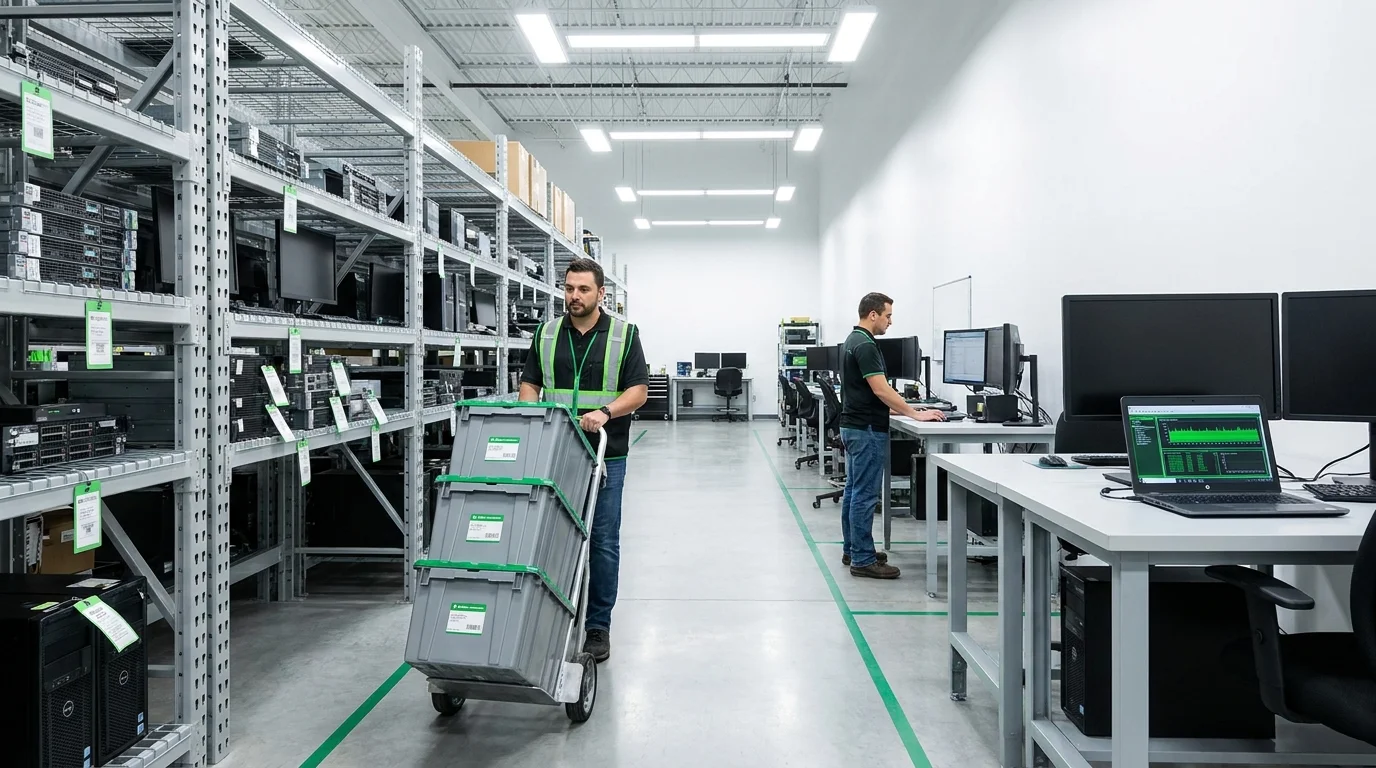 Technician wheeling a stack of labeled tote bins down a bright, organized ITAD processing aisle while another technician tests equipment at a workbench