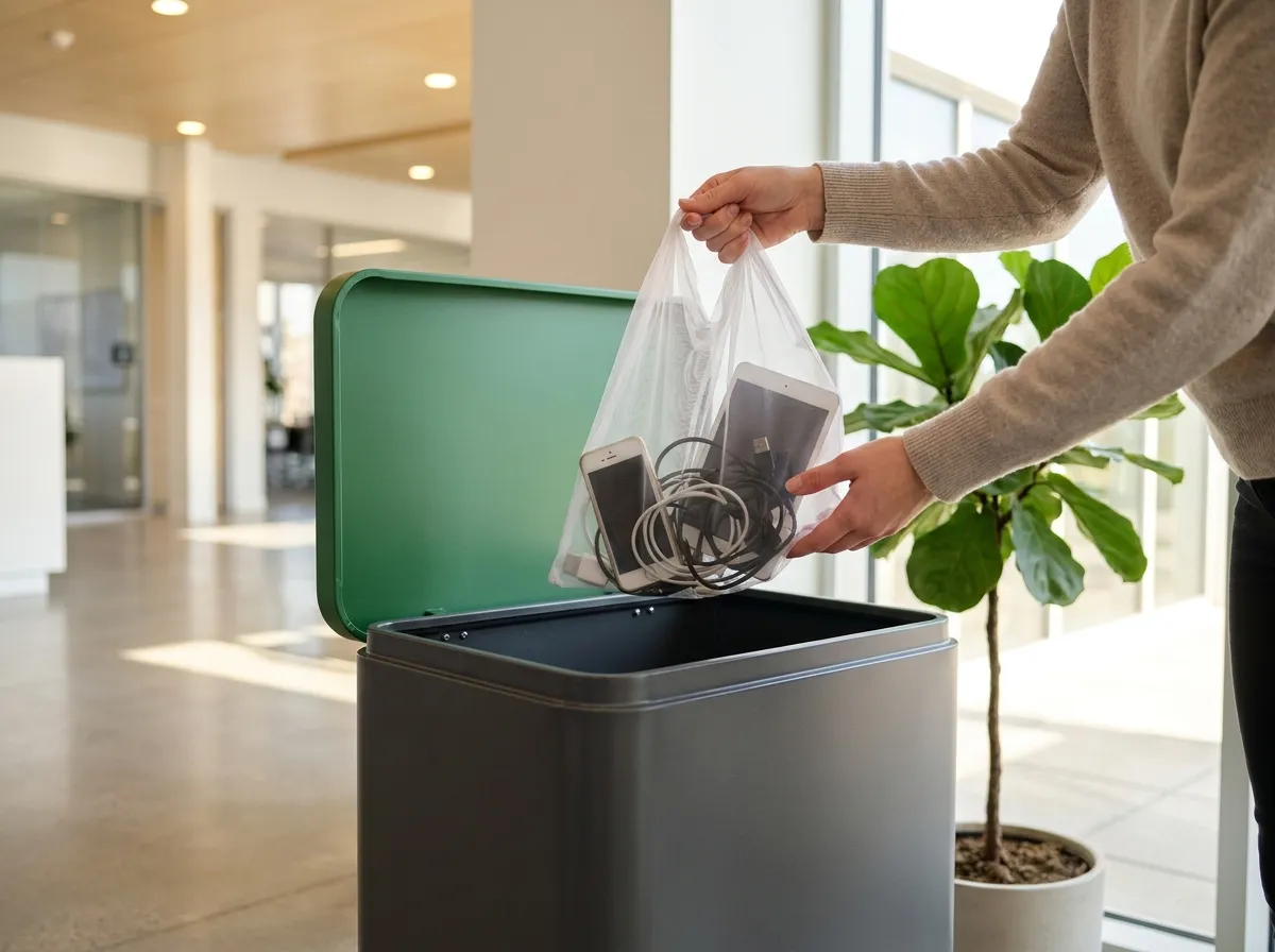 Hands placing a bag of household electronics into a green-lidded drop-off bin
